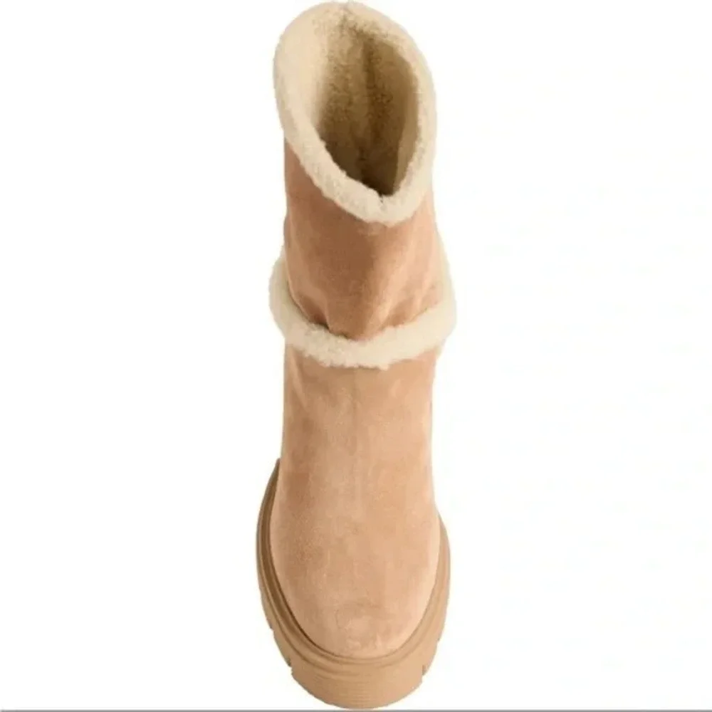 Stuart Weitzman Lennox Bootie Shearling‎ Boots Sz 10 Tan Suede Chunky Block Heel - Picture 5 of 8
